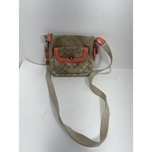 Coach Crossbody Bag Signature Jacquard Beige Canvas Coral Leather Flap VTG Purse
